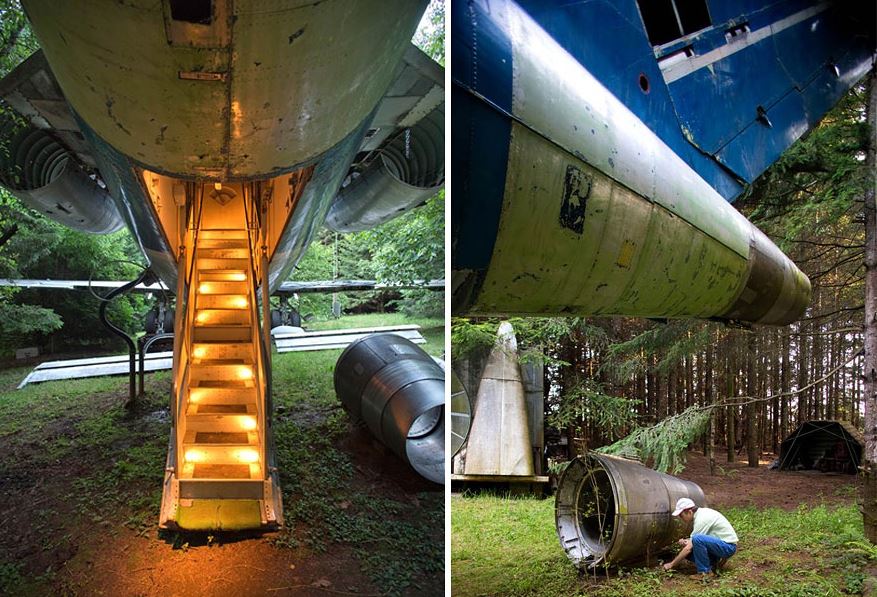 Man living in a commercial airliner in the woods